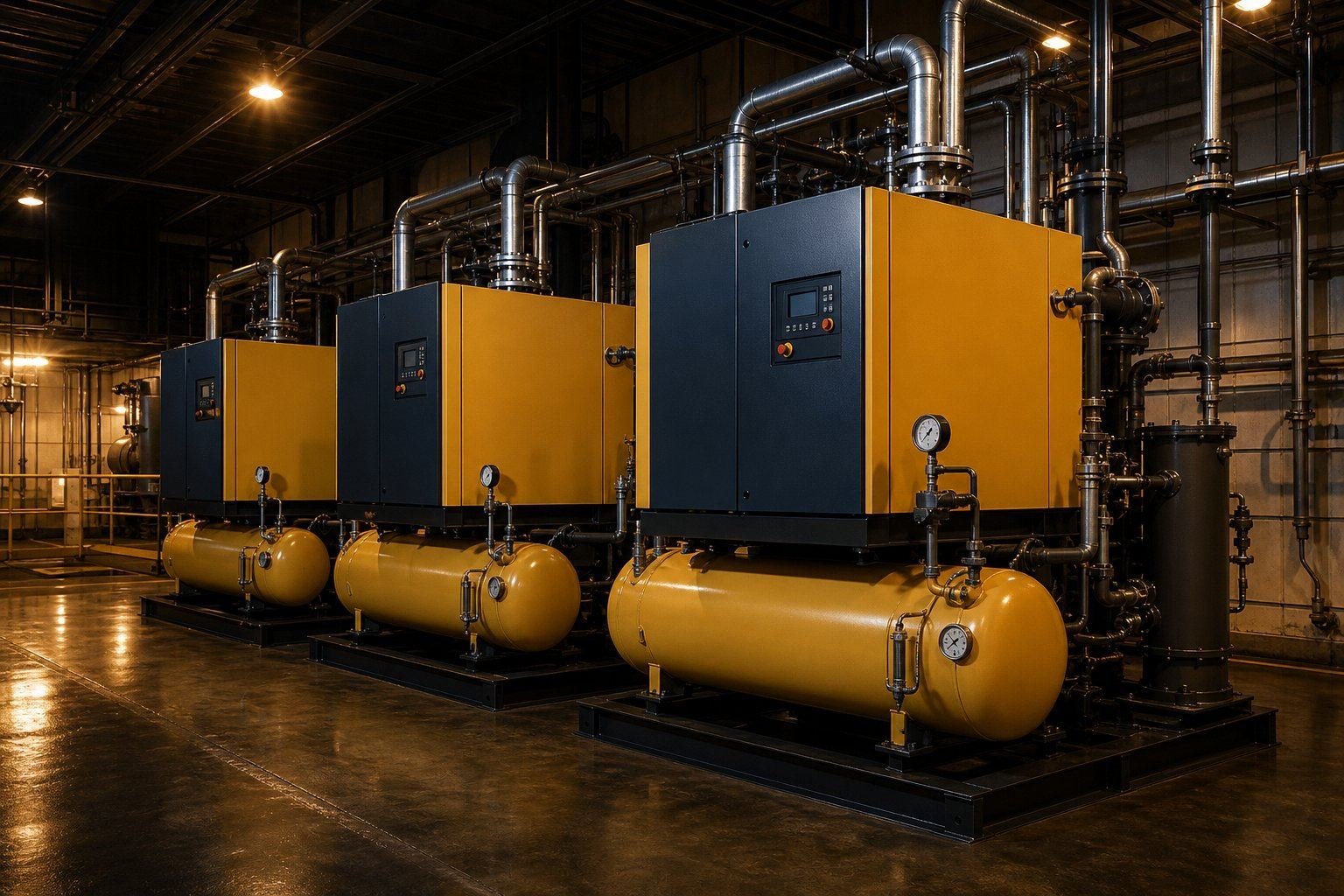 Row of industrial yellow rotary screw air compressor packages with piping and receivers in a dark compressor room