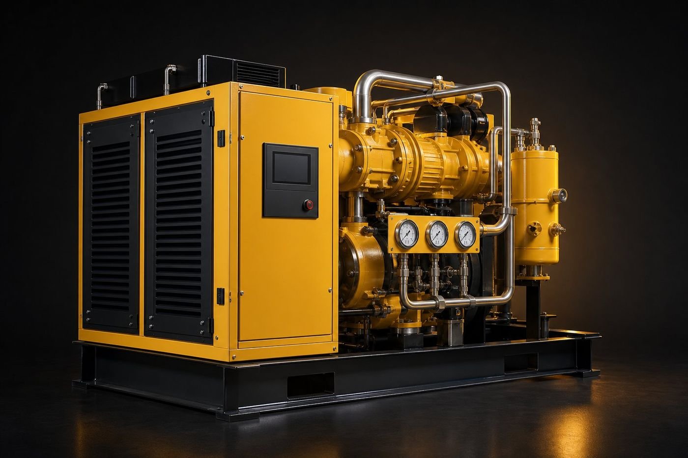 Industrial rotary screw air compressor package with gauges and controller in dark studio lighting